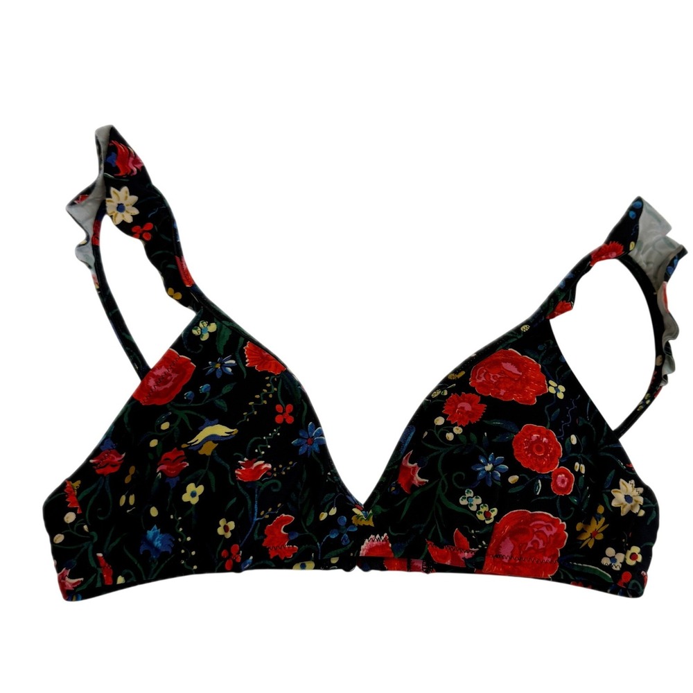 J.Crew Bikini Top Women XS Black Floral Ruffle Cottagecore Summer Beach